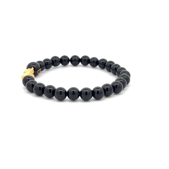 18K Gold Pixiu Piyao Bracelet Gemstones Onyx 6mm Elastic Bracelet Letter Q - Picture 5 of 6